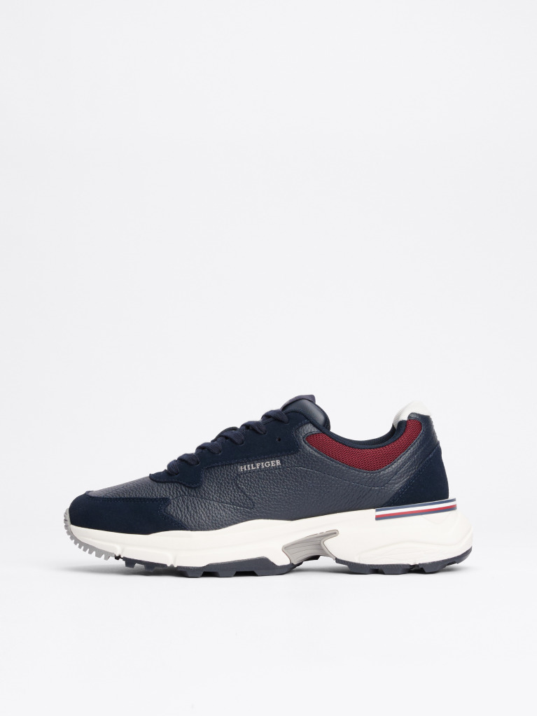 Blue Mixed Texture Leather Trainers  Men
