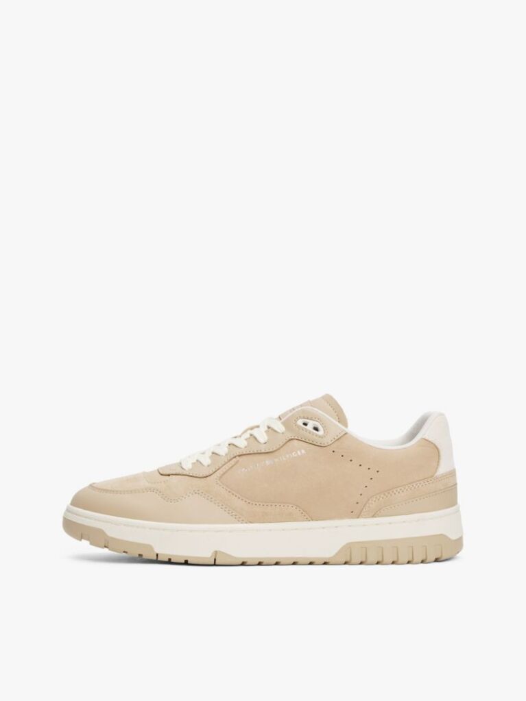 Beige Leather Mixed Texture Basketball Trainers  Men