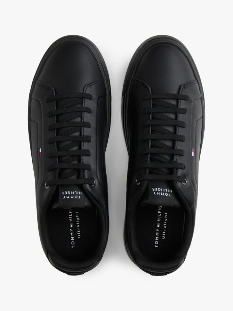 Black Lightweight Leather Cupsole Court Trainers  Men