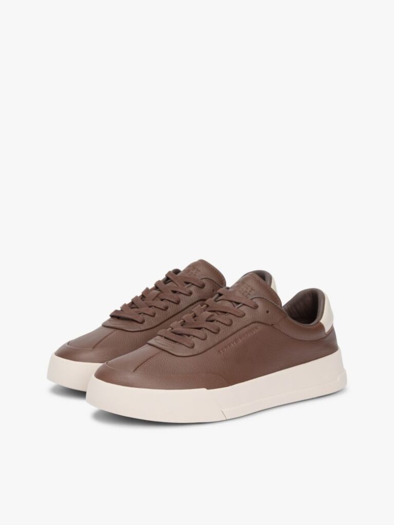 Brown Leather Debossed Logo Court Trainers  Men