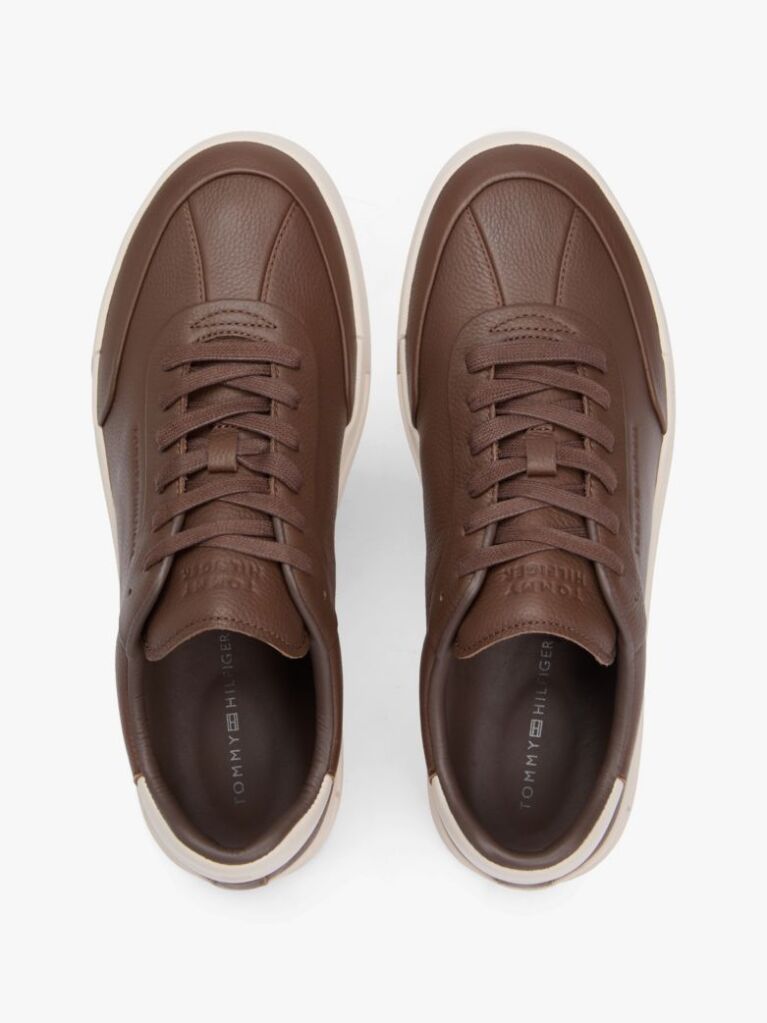 Brown Leather Debossed Logo Court Trainers  Men