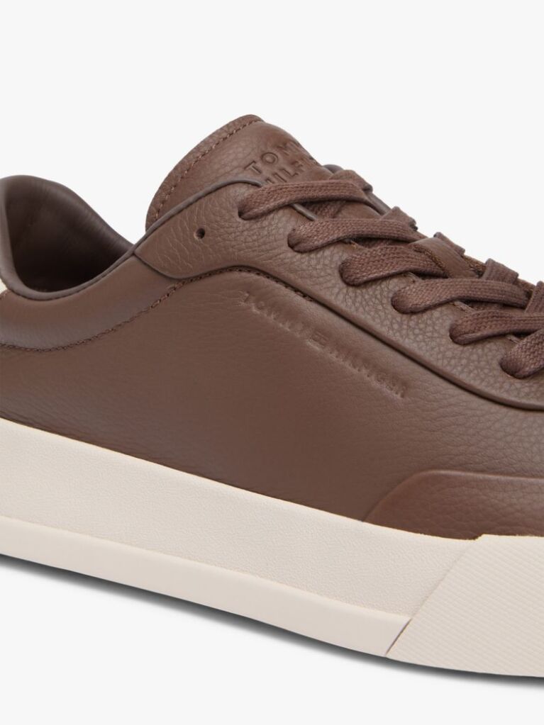 Brown Leather Debossed Logo Court Trainers  Men