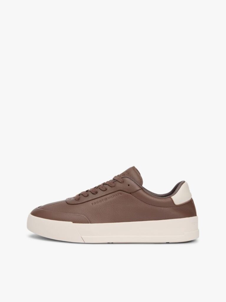 Brown Leather Debossed Logo Court Trainers  Men