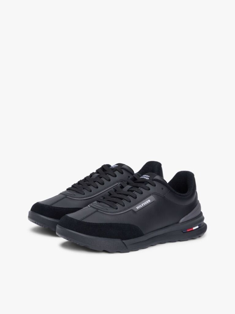 Black Retro Mixed Texture Trainers With Leather  Men