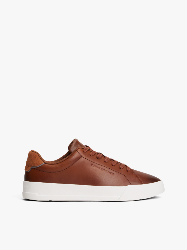 Brown Leather Debossed Logo Court Trainers  Men