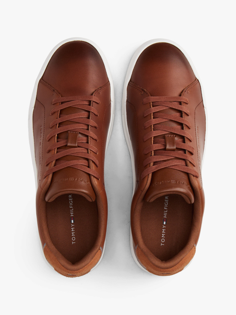 Brown Leather Debossed Logo Court Trainers  Men