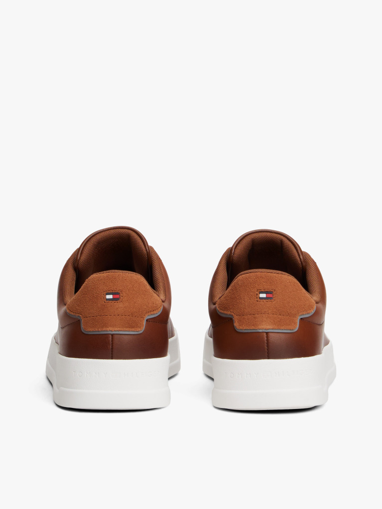Brown Leather Debossed Logo Court Trainers  Men