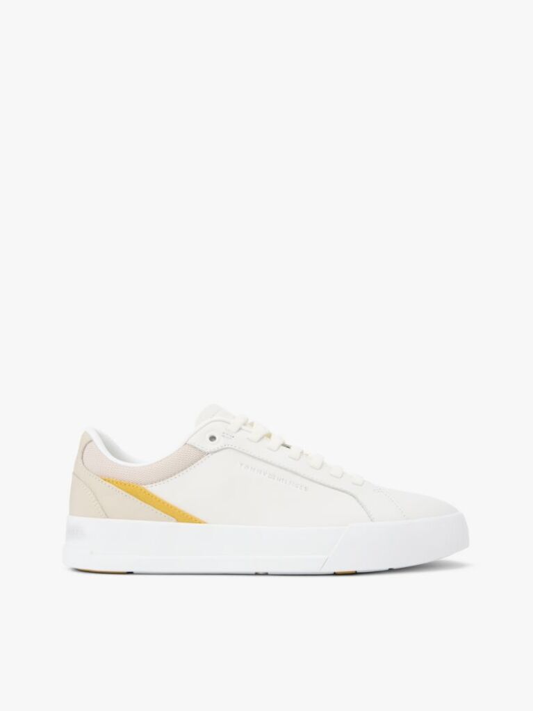 White Contrast Panel Leather Court Trainers  Men