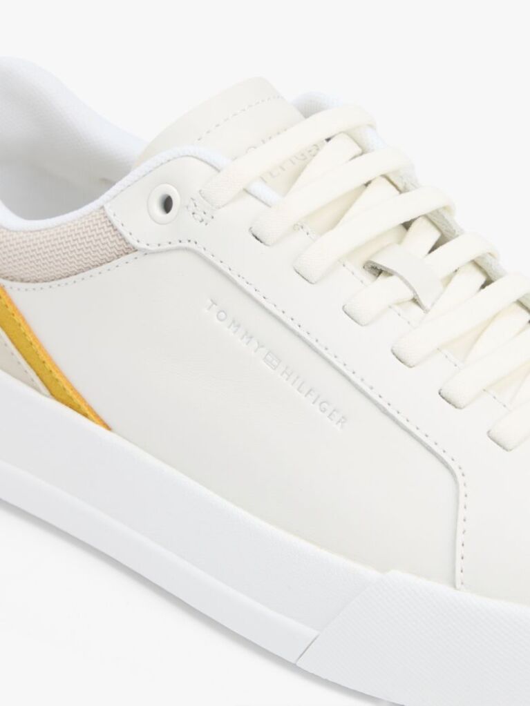 White Contrast Panel Leather Court Trainers  Men