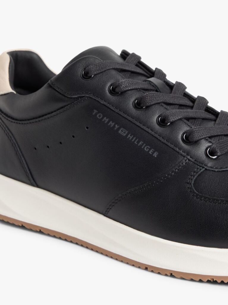 Black Debossed Leather Fine Cleat Trainers  Men