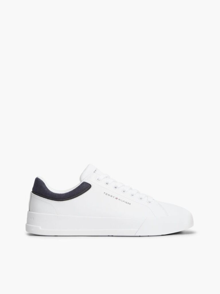 White Mixed Texture Court Sneakers With Leather  Men