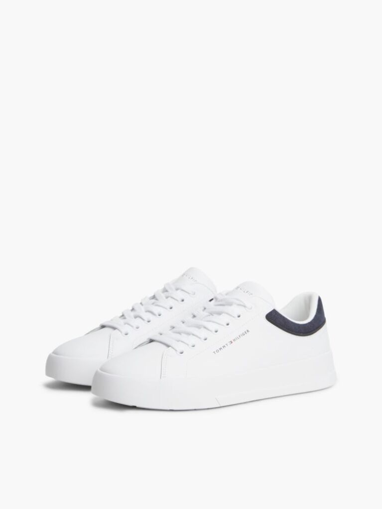 White Mixed Texture Court Sneakers With Leather  Men