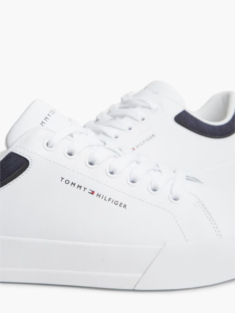 White Mixed Texture Court Sneakers With Leather  Men
