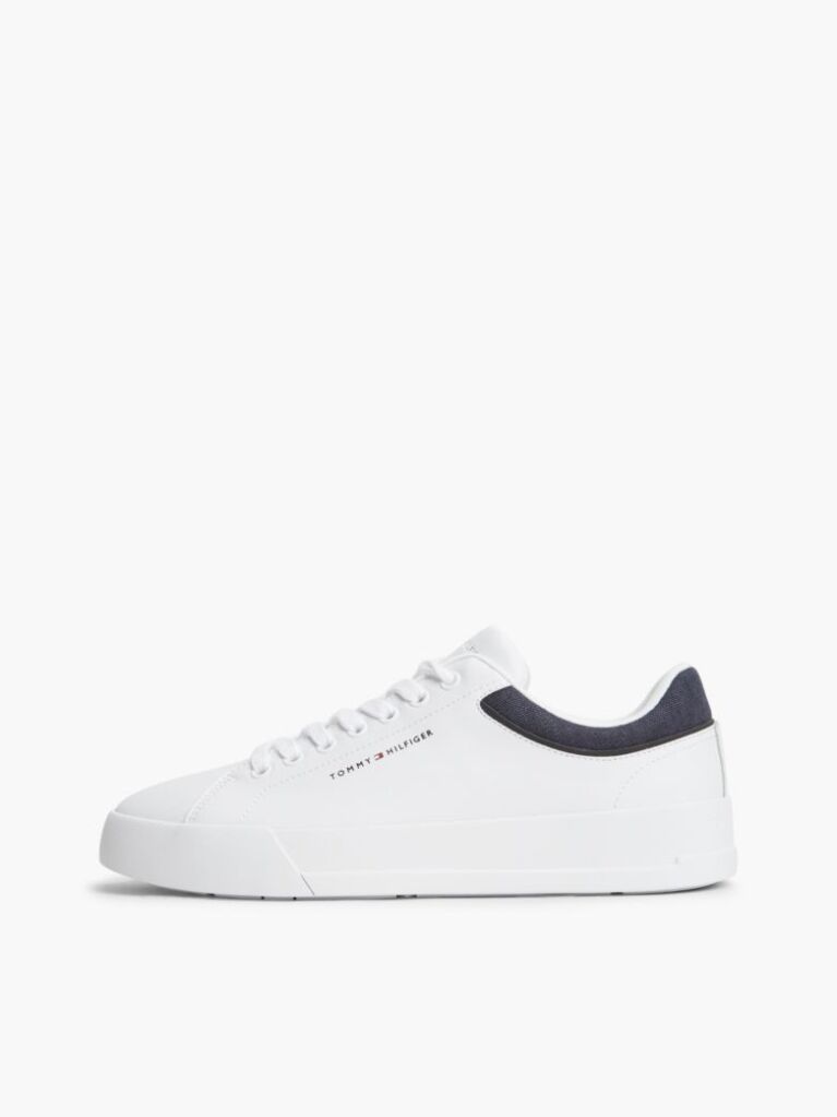 White Mixed Texture Court Sneakers With Leather  Men