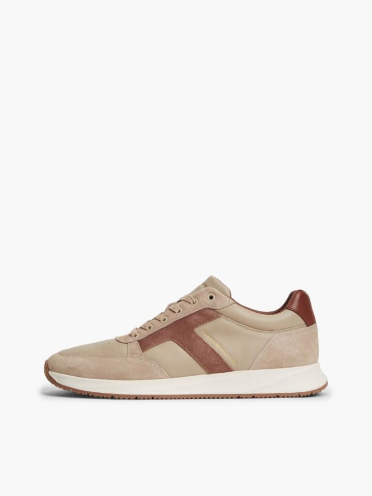 Beige Leather Mixed Texture Sneakers  Men