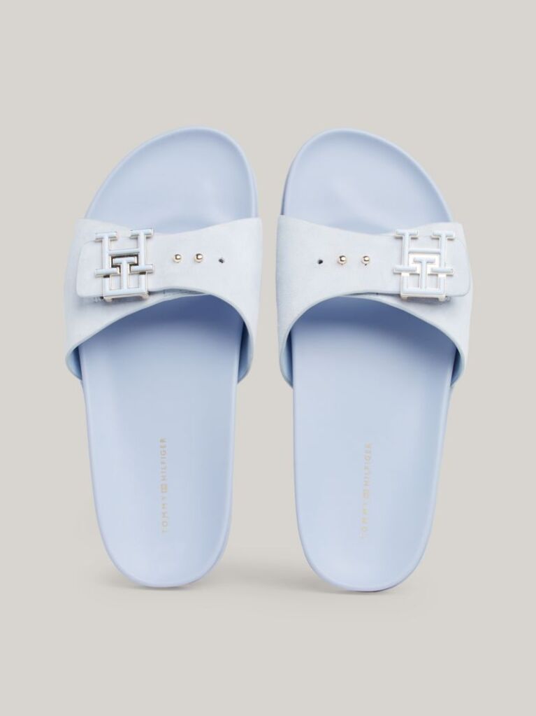 Blue TH Monogram Buckle Suede Sandals  Women