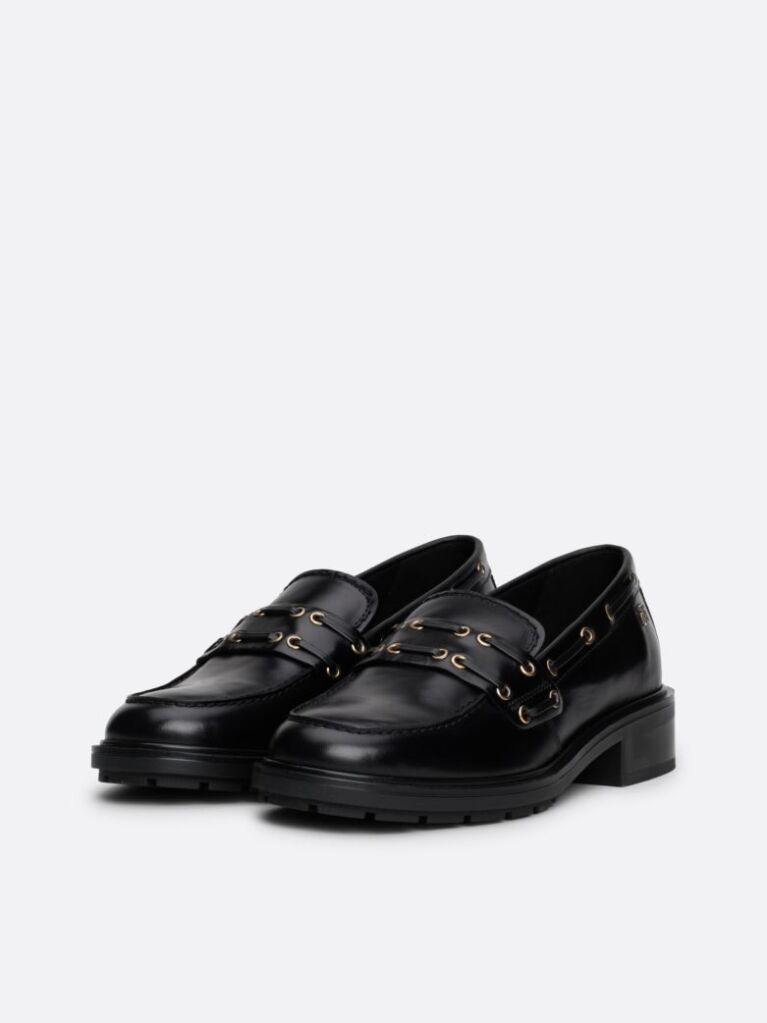 Black Eyelet Detail Block Heel Leather Loafers  Women