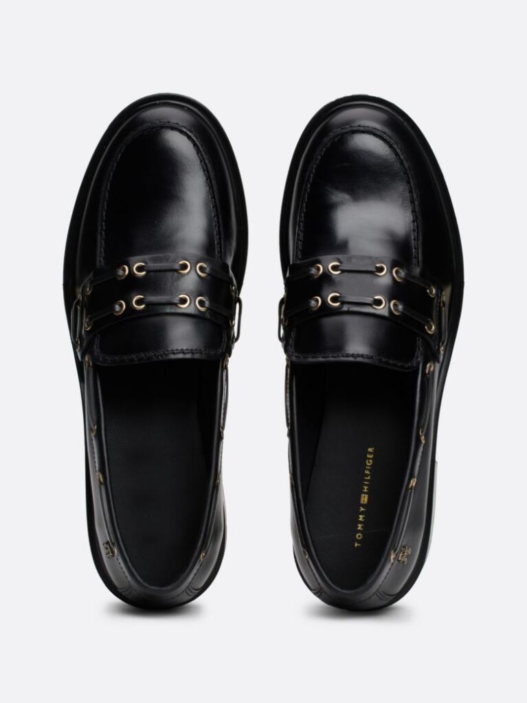Black Eyelet Detail Block Heel Leather Loafers  Women