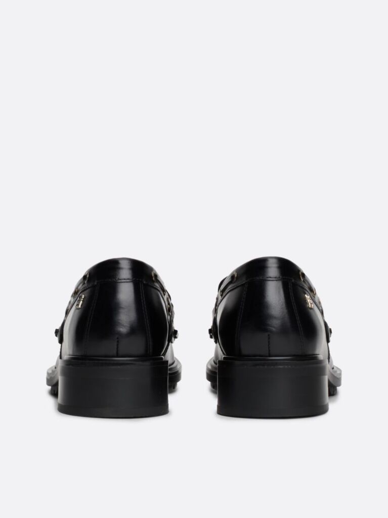 Black Eyelet Detail Block Heel Leather Loafers  Women
