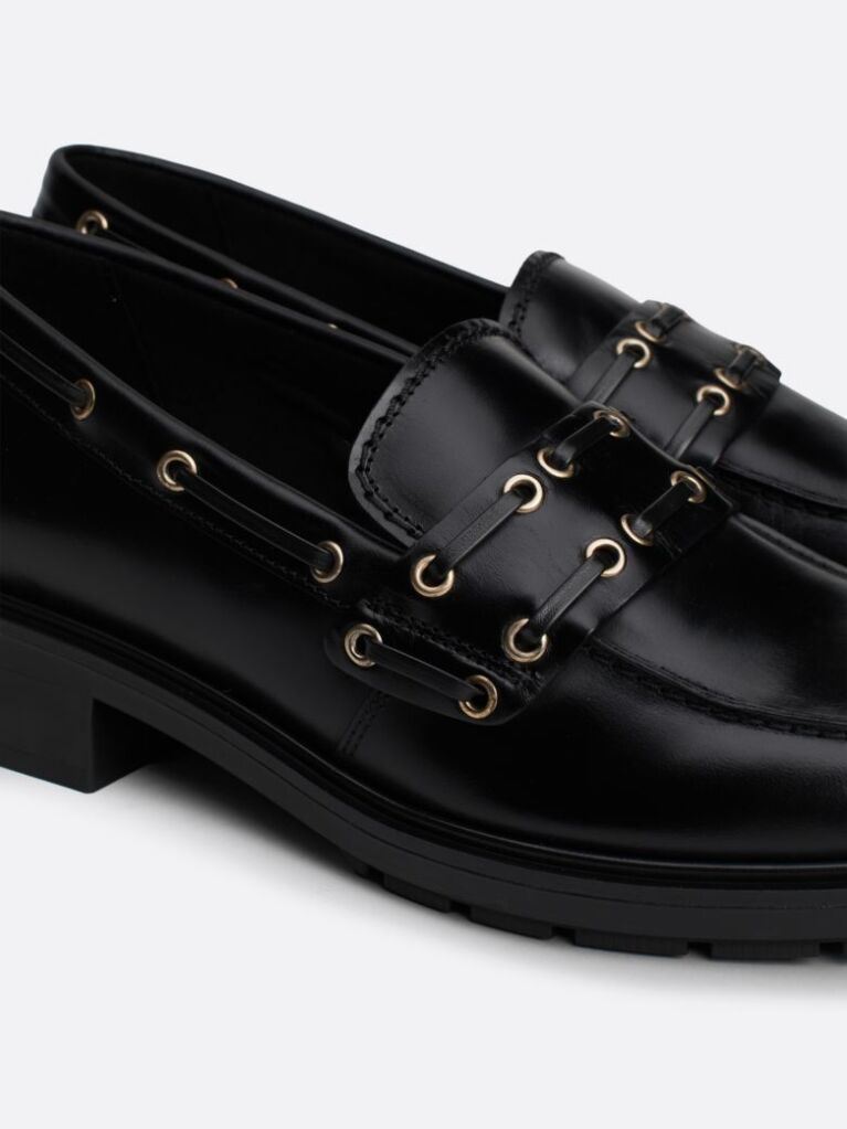 Black Eyelet Detail Block Heel Leather Loafers  Women