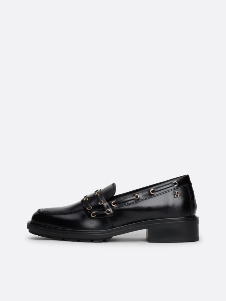 Black Eyelet Detail Block Heel Leather Loafers  Women