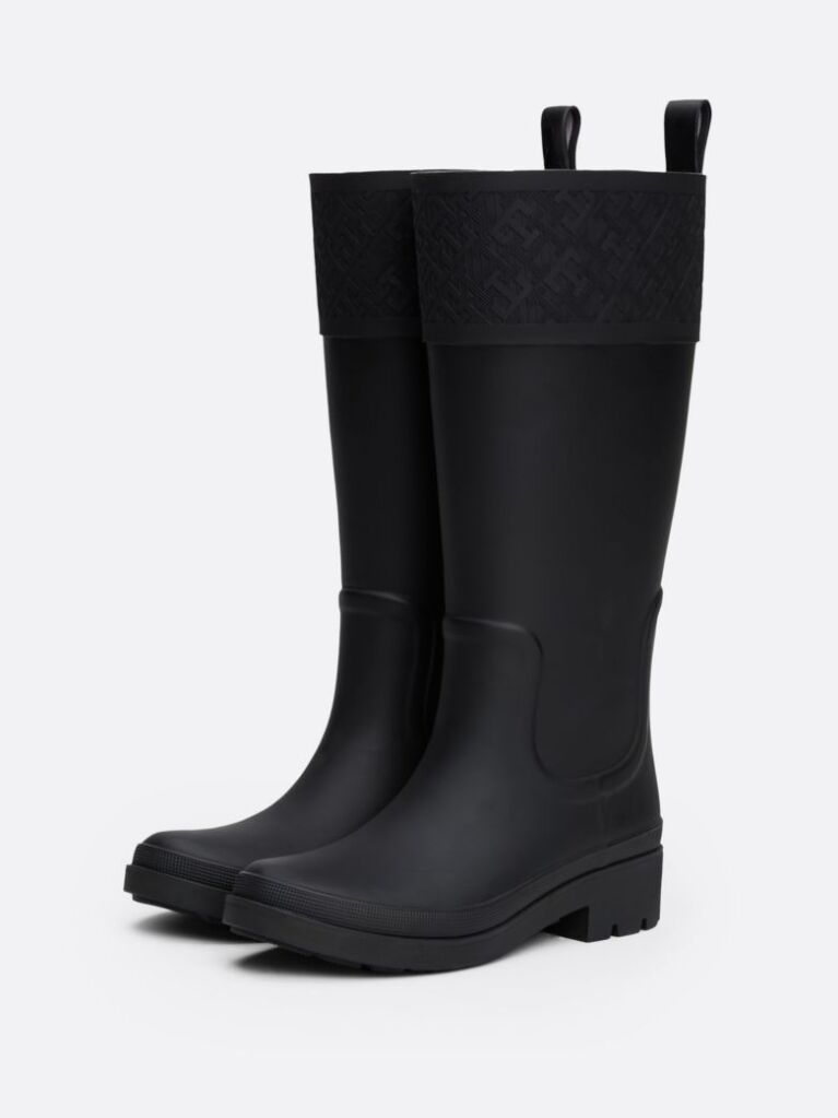 Black TH Monogram Rubber Cleat Rain Boots  Women
