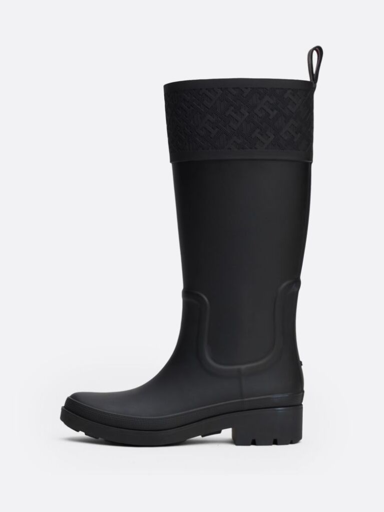 Black TH Monogram Rubber Cleat Rain Boots  Women
