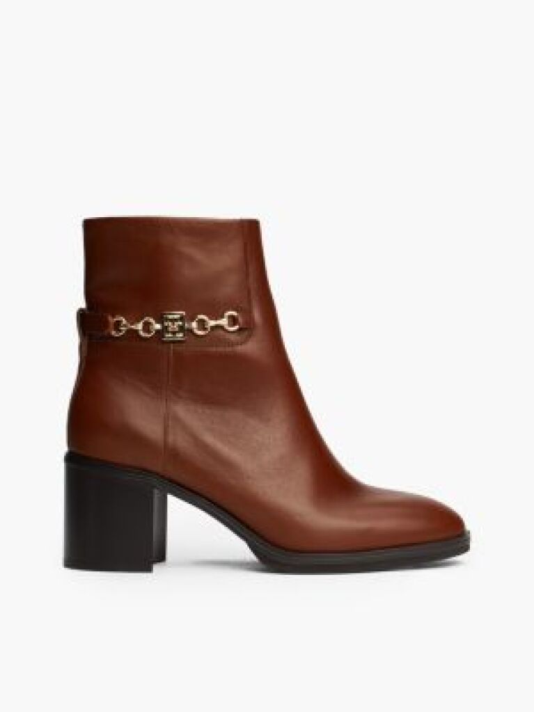 Brown Leather Chain Hardware Block Heel Boots  Women