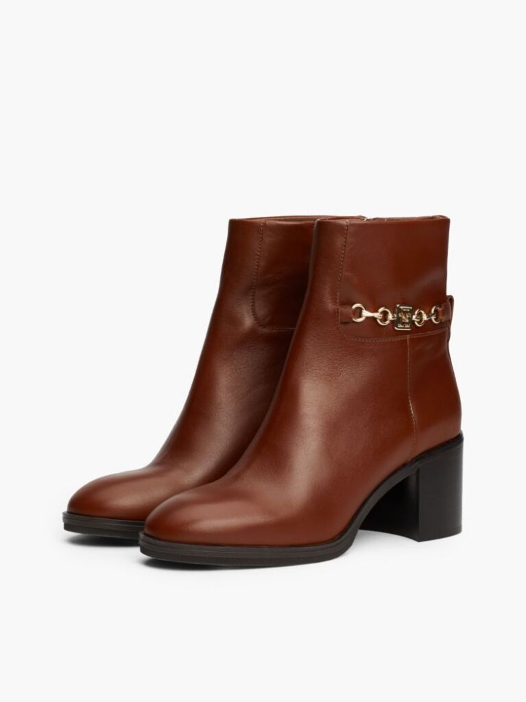 Brown Leather Chain Hardware Block Heel Boots  Women