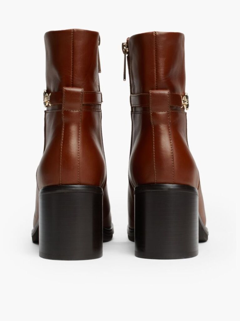 Brown Leather Chain Hardware Block Heel Boots  Women