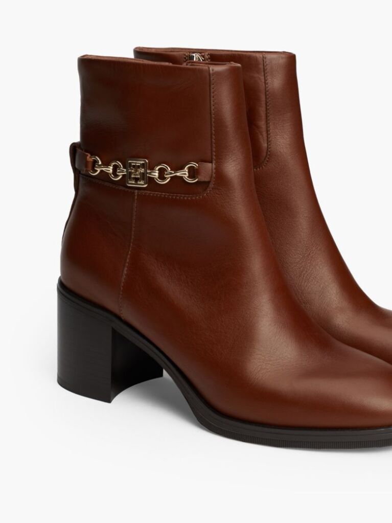 Brown Leather Chain Hardware Block Heel Boots  Women