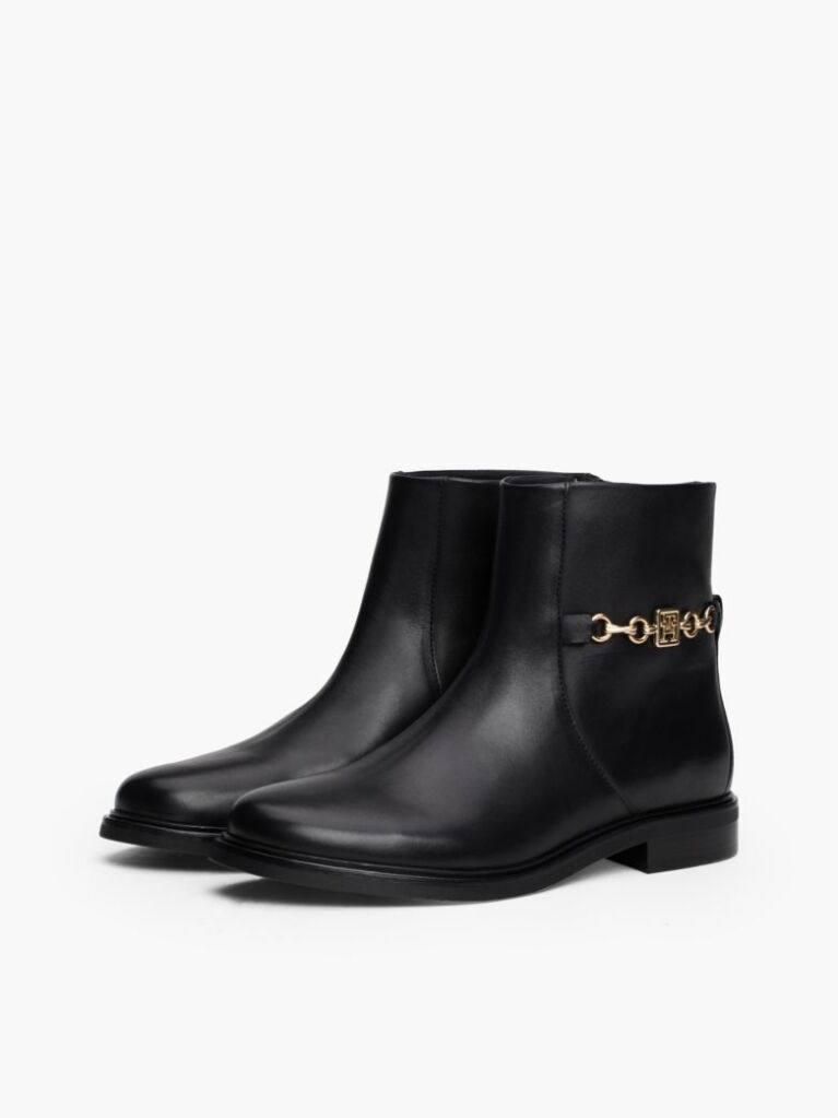 Black Leather Chain Hardware Ankle Boots  Women