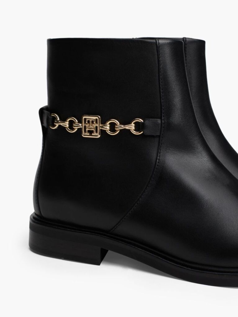 Black Leather Chain Hardware Ankle Boots  Women