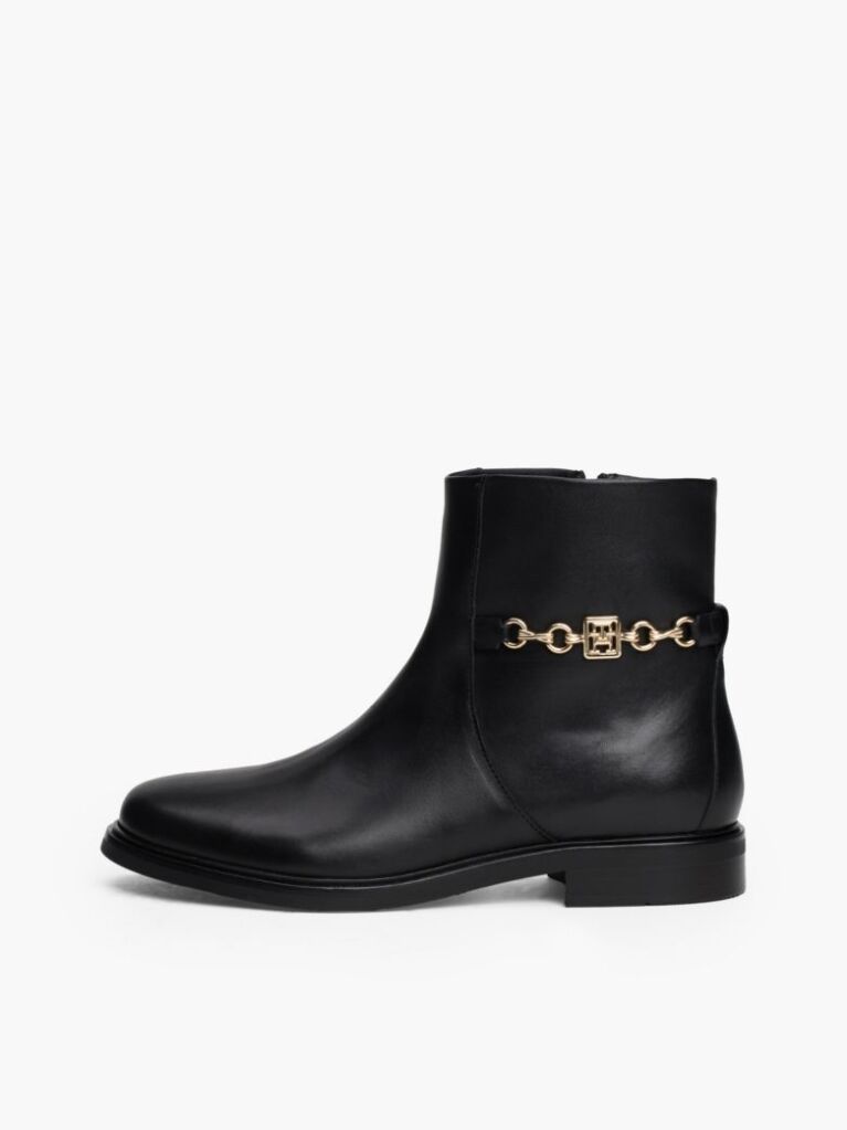 Black Leather Chain Hardware Ankle Boots  Women