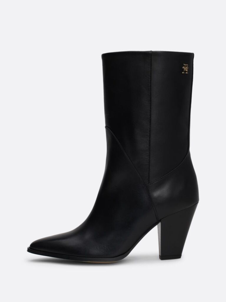 Black Leather Cuban Heel Mid Boots  Women