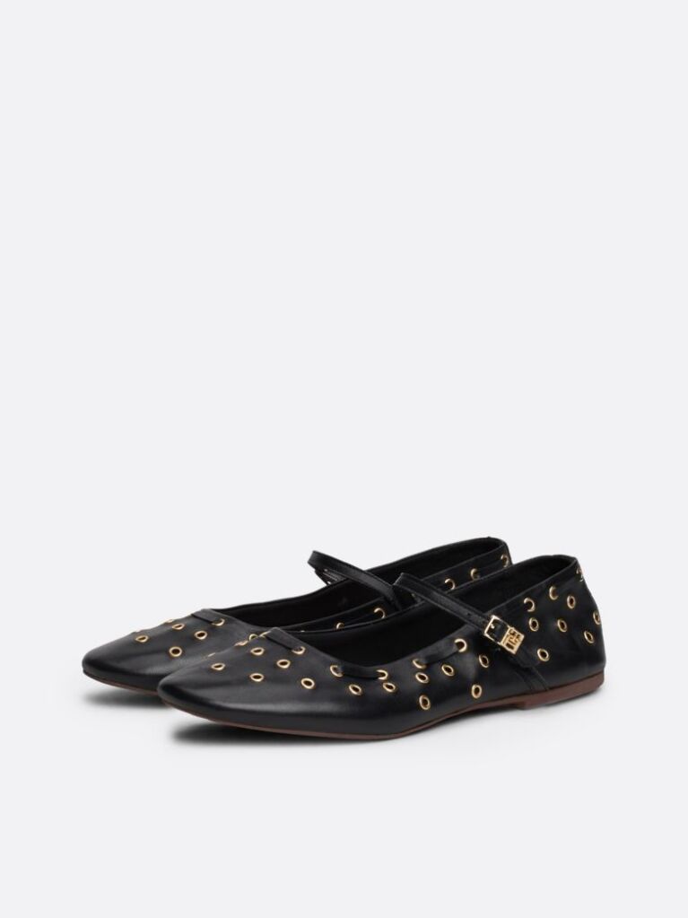 Black Leather Eyelet Detail Mary Jane Ballerinas  Women