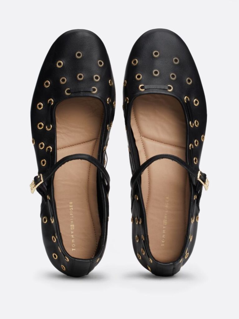 Black Leather Eyelet Detail Mary Jane Ballerinas  Women