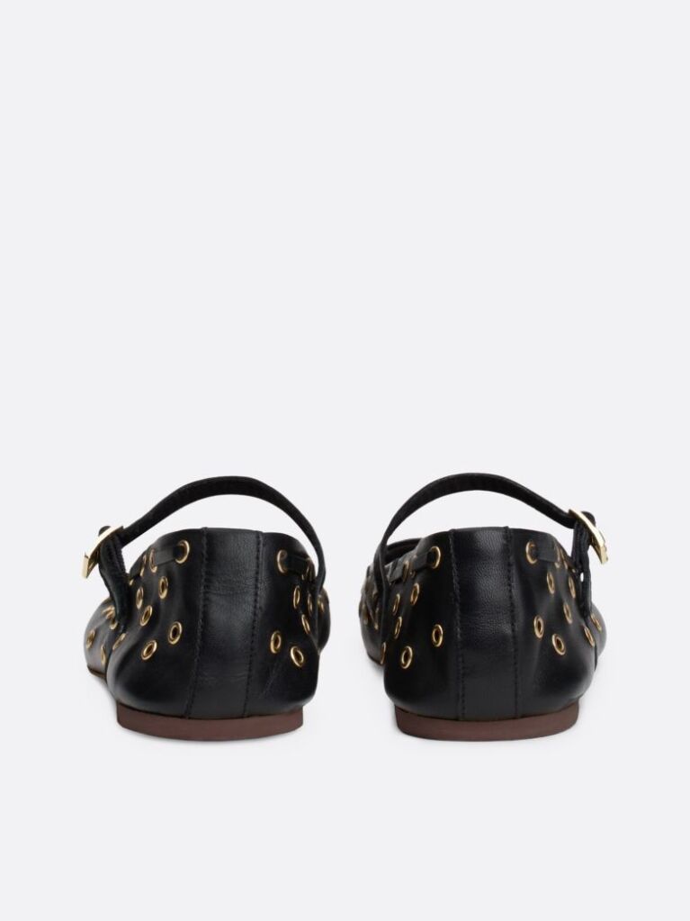 Black Leather Eyelet Detail Mary Jane Ballerinas  Women