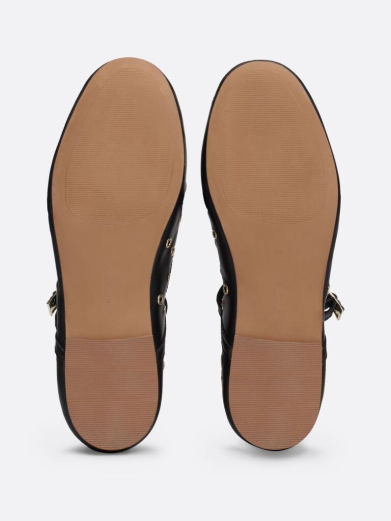 Black Leather Eyelet Detail Mary Jane Ballerinas  Women