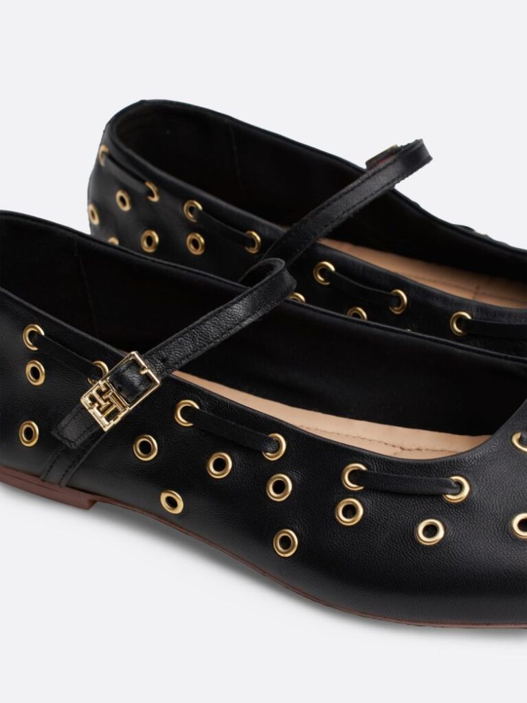 Black Leather Eyelet Detail Mary Jane Ballerinas  Women