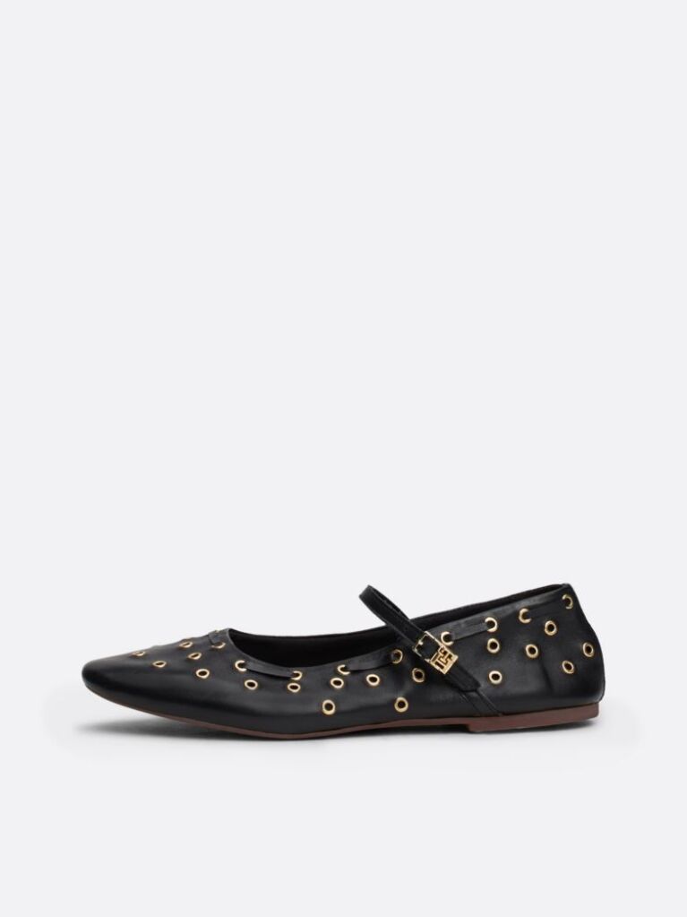 Black Leather Eyelet Detail Mary Jane Ballerinas  Women