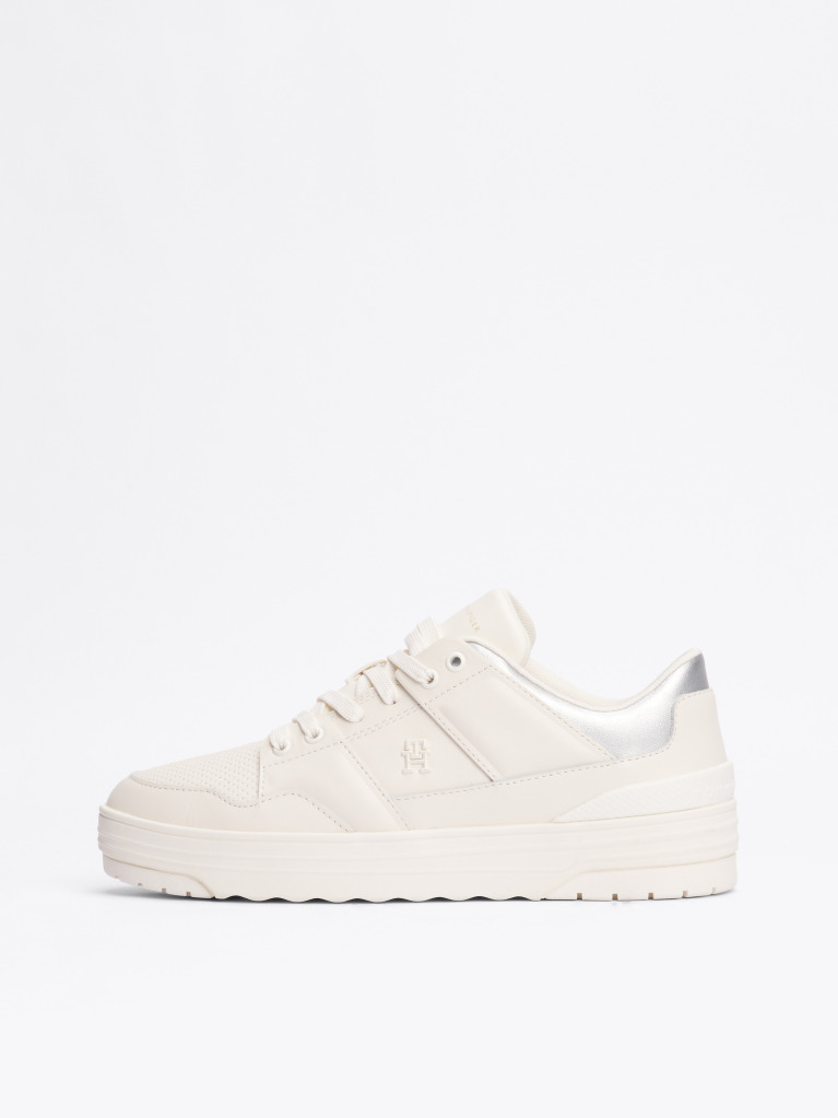 Beige Leather Colour-Blocked Basketball Trainers  Women