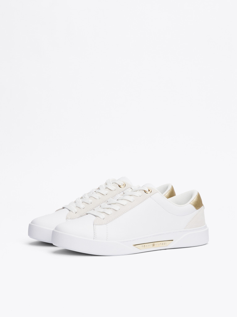 White Metallic Leather Court Trainers  Women