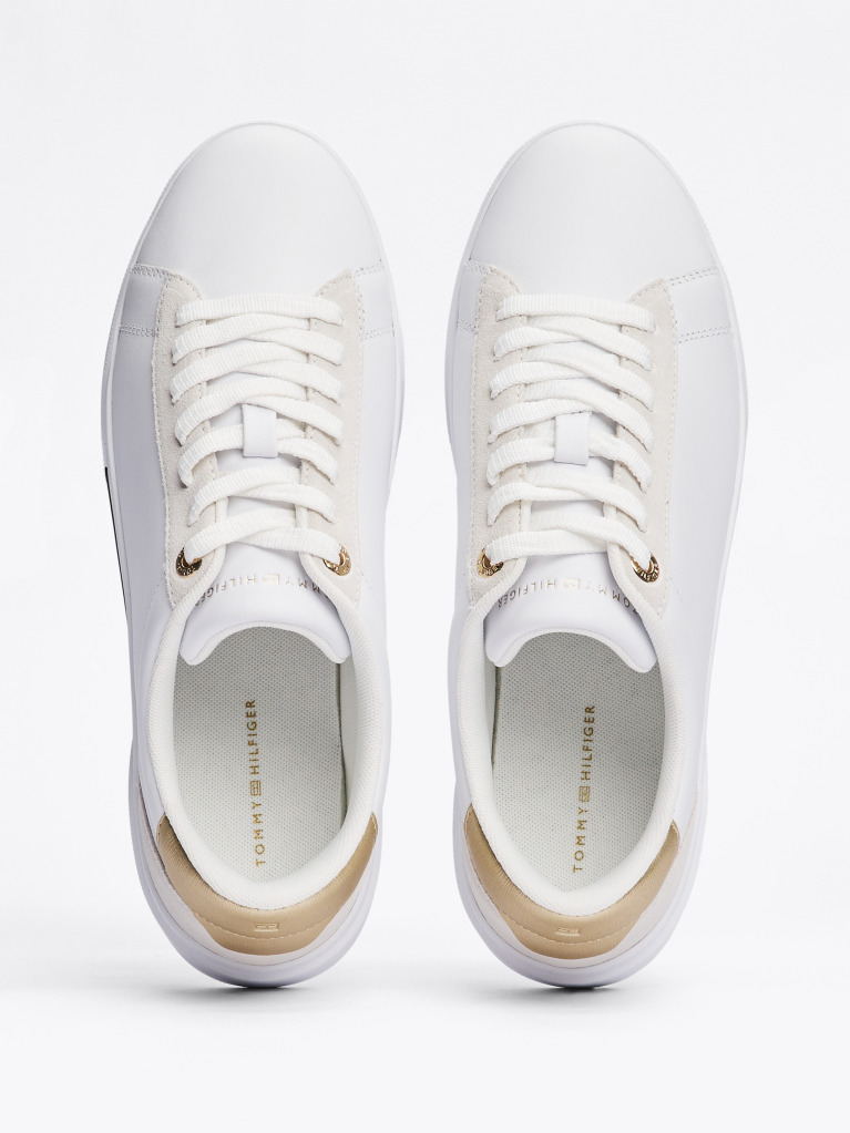 White Metallic Leather Court Trainers  Women