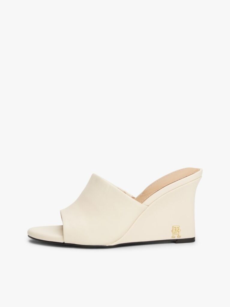 Beige Leather TH Monogram Plaque Wedge Mules  Women