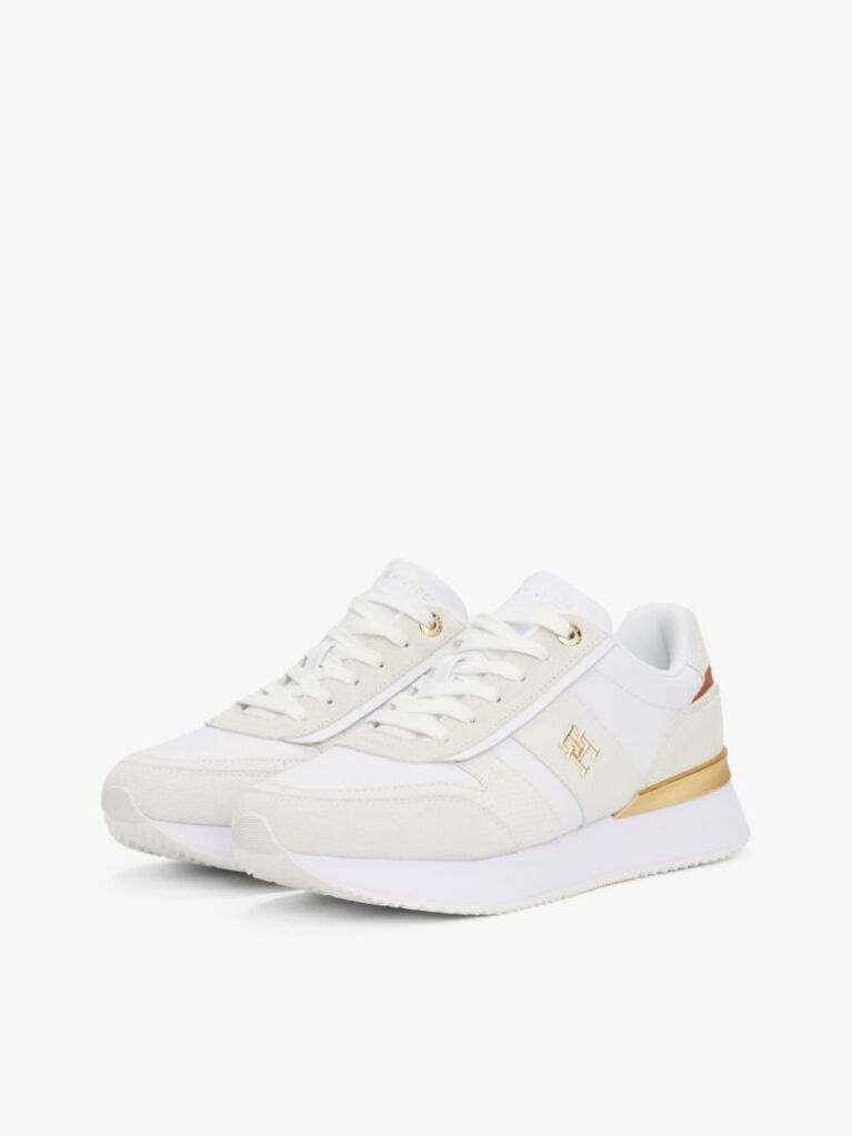 Beige Leather Textured Panel Metallic Trainers  Women