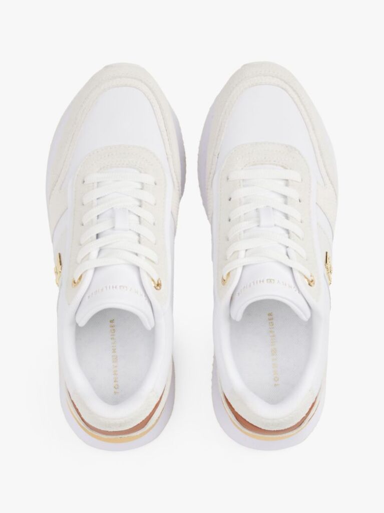Beige Leather Textured Panel Metallic Trainers  Women