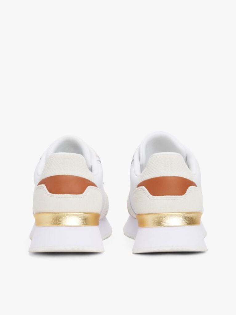 Beige Leather Textured Panel Metallic Trainers  Women