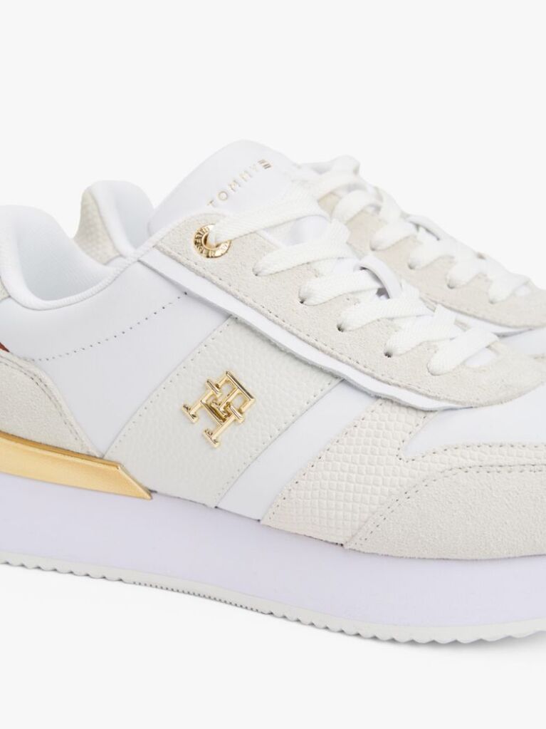 Beige Leather Textured Panel Metallic Trainers  Women