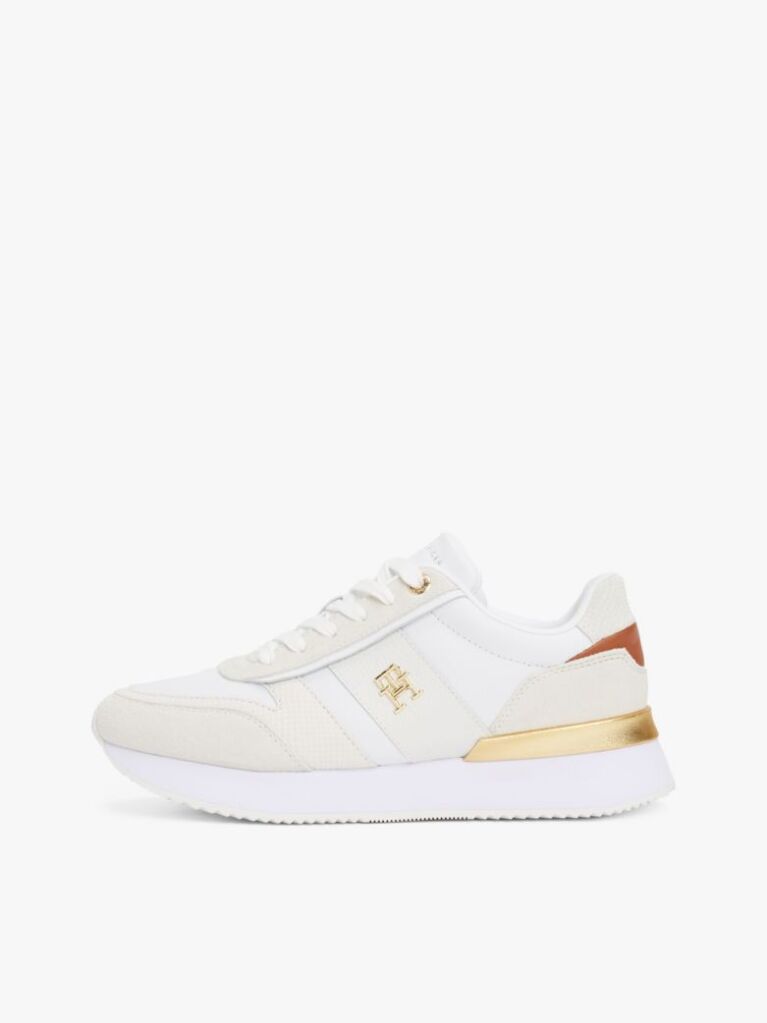 Beige Leather Textured Panel Metallic Trainers  Women